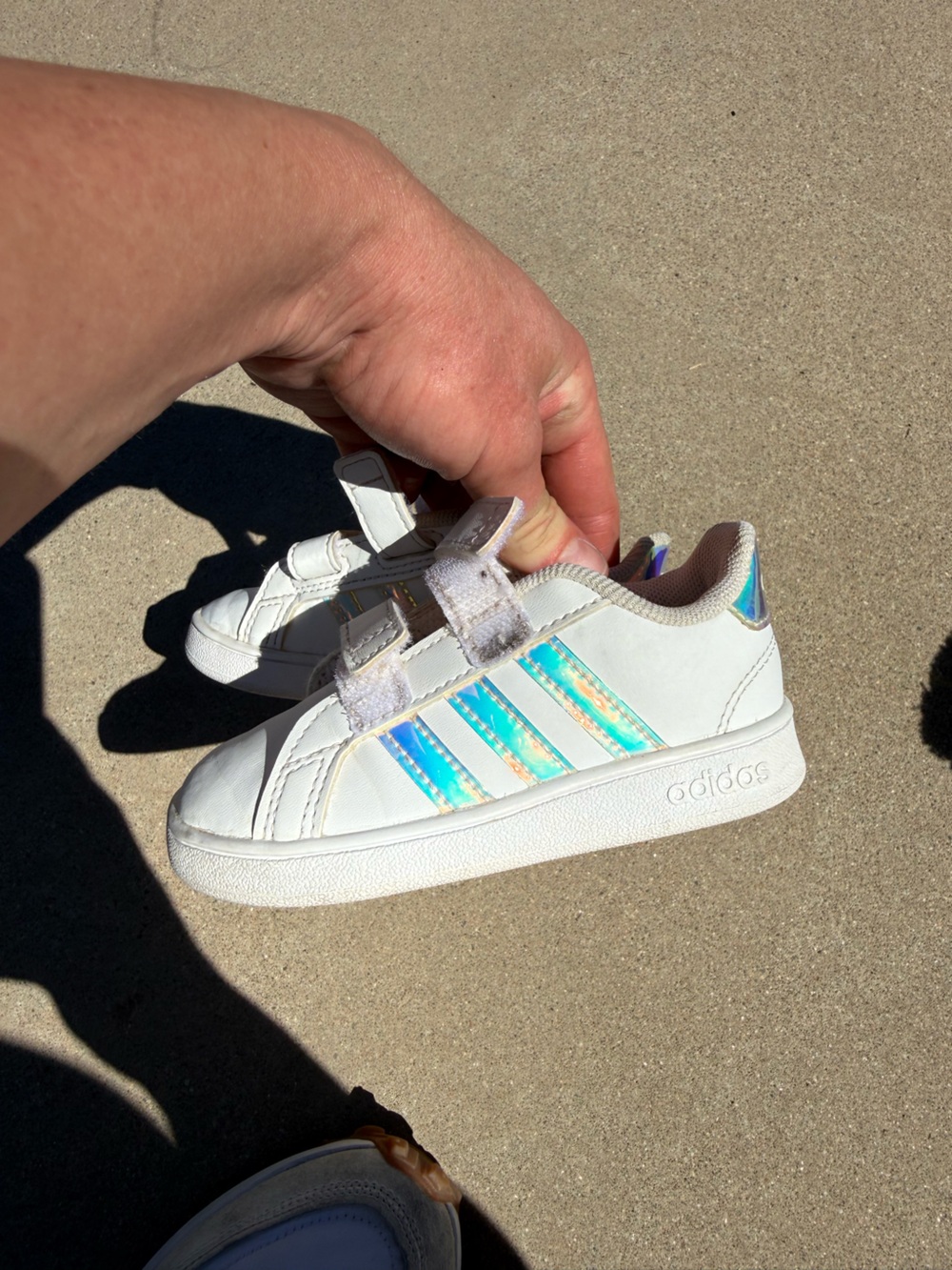 adidas White Kids Sneakers with Iridescent Blue Accents